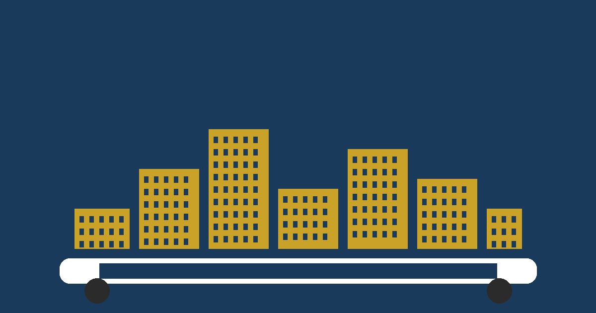 Illustrative graphic of a transit stop and zoning silhouettes representing SB79 transit-oriented development