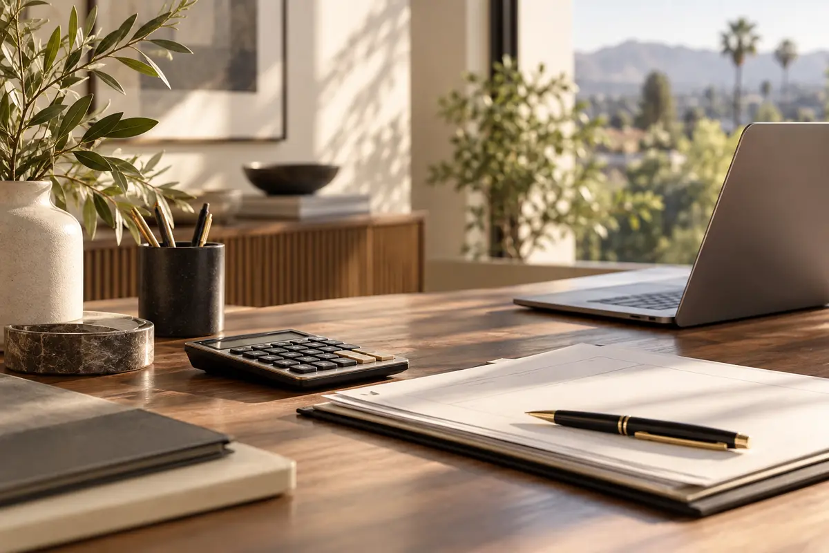 Calculator and loan paperwork arranged for mortgage preapproval