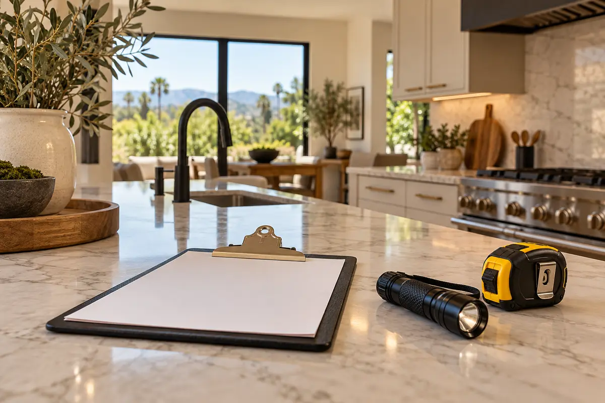Inspection tools and a blank clipboard on a kitchen counter