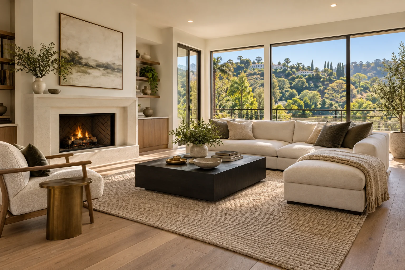Prepared, empty living room with neutral furnishings and large windows