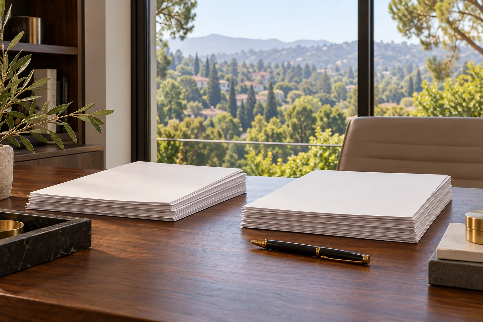 Two neat stacks of blank offer documents and a pen on a desk