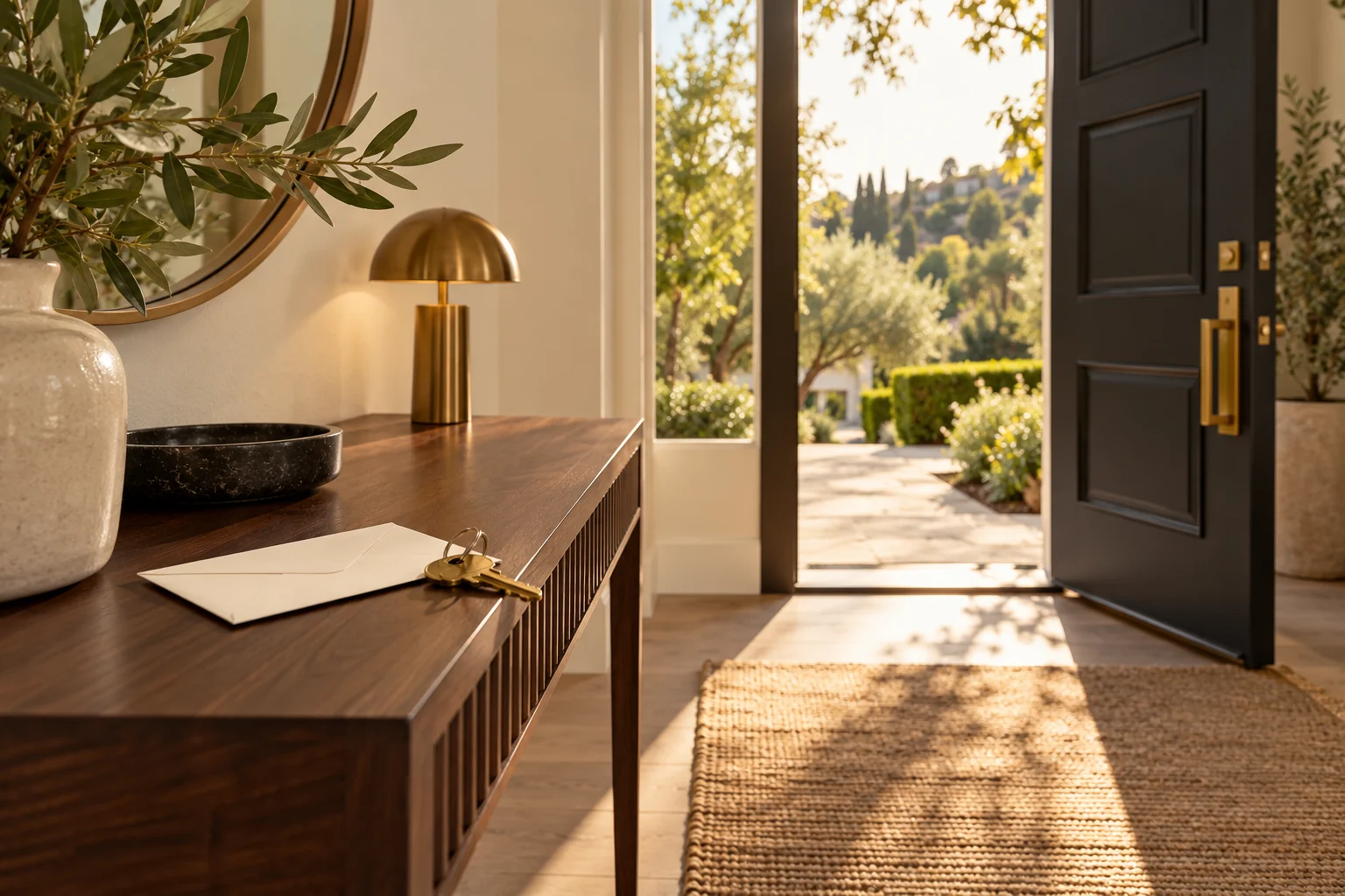 House keys and an envelope in a sunlit entryway